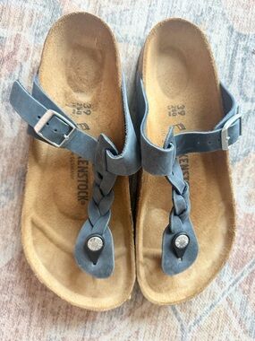 Birkenstock Braided Thong Sandals in Blue Suede